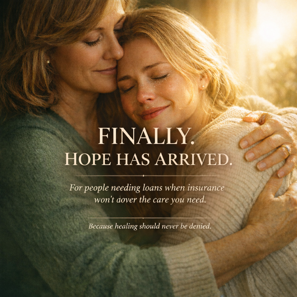 Two women hugging with a text overlay about financial assistance for care needs.