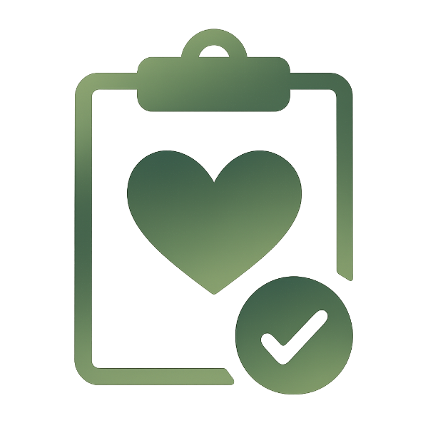 Green icon of a clipboard with a heart and check mark on a white background