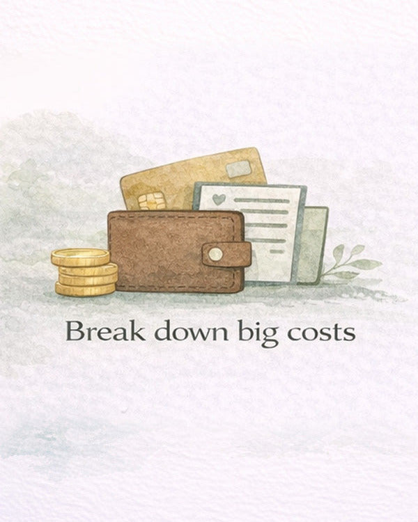 Illustration of a wallet, coins, and letters with text 'Break down big costs' on a light background