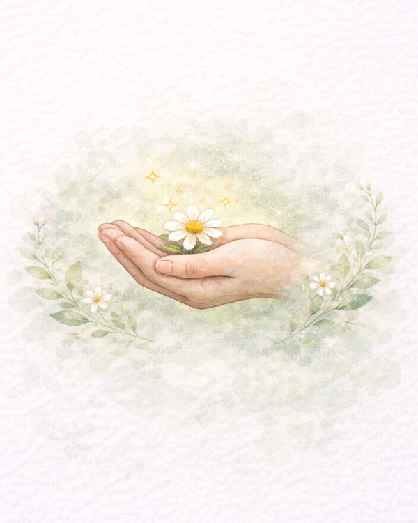 Hand holding a daisy flower with a soft, blurred floral background