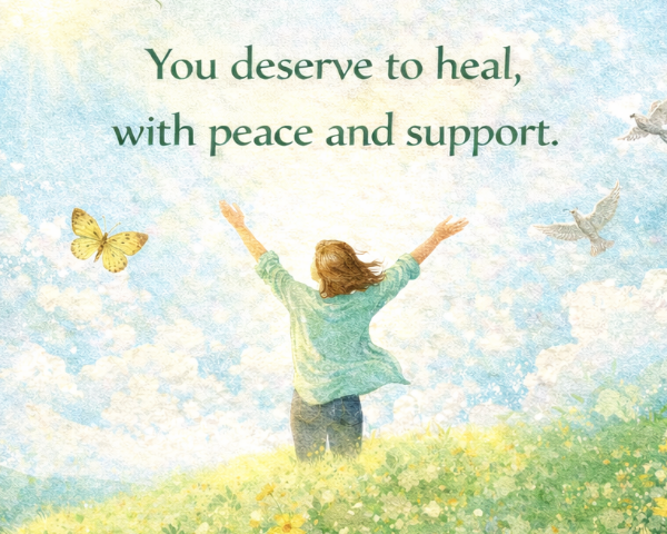 Person standing on a grassy hill with open arms, surrounded by butterflies and birds, with text about healing and support.