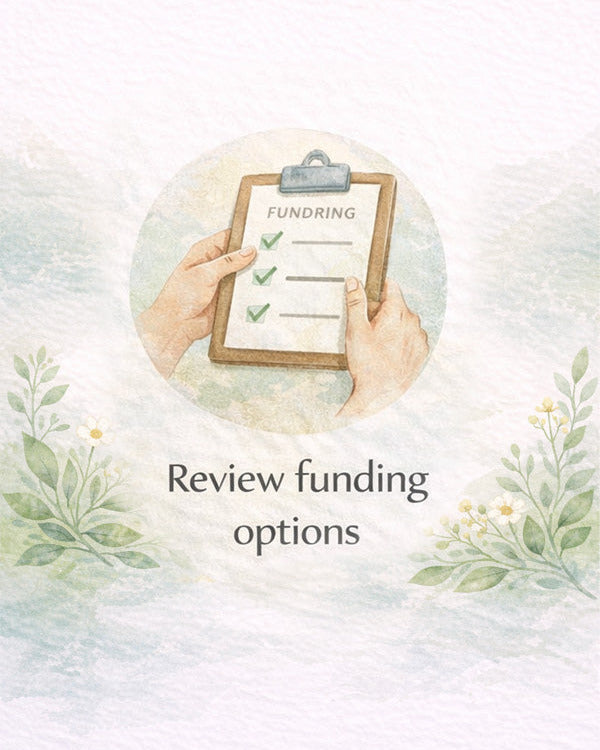 Illustration of hands holding a clipboard with 'Funding' text, surrounded by nature elements on a light background.