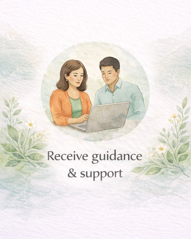 Illustration of two people working on a laptop with text 'Receive guidance & support' on a light background.