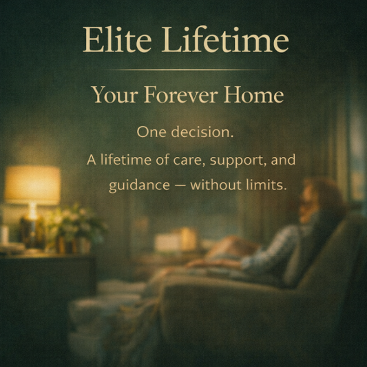 Person sitting on a couch in a cozy room with text about 'Elite Lifetime' and 'Your Forever Home'.