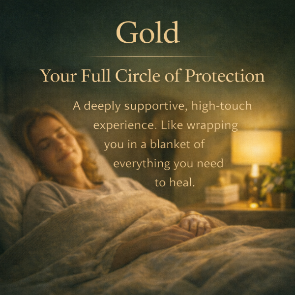 Woman sleeping in bed with a warm glow, text about 'Gold' and 'Your Full Circle of Protection'.