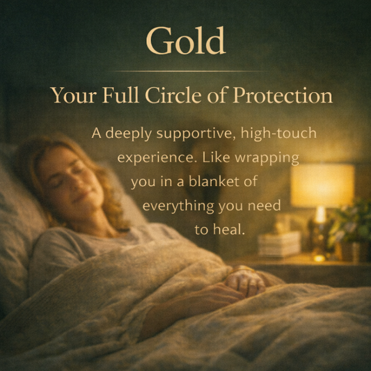 Woman sleeping in bed with a warm glow, text about 'Gold' and 'Your Full Circle of Protection'.