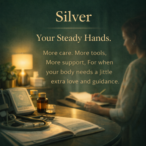Person sitting at a desk with medical supplies and a lamp, text overlay 'Silver Your Steady Hands'.