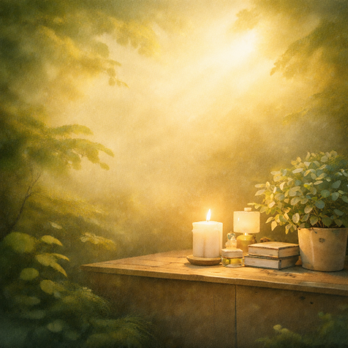 Candlelit scene with books and a plant in a forest setting