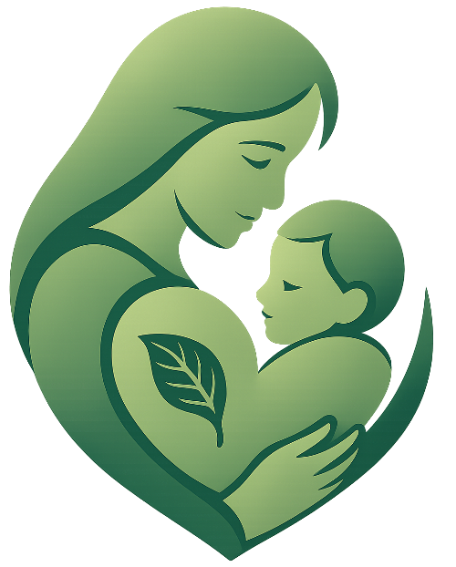 Green icon of a mother holding a child with a leaf design, on a white background