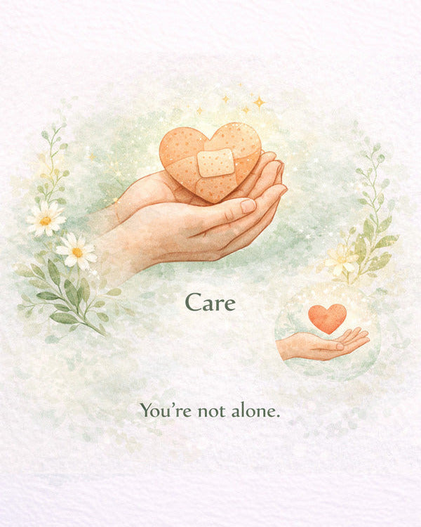 Illustration of hands holding a heart with a bandage, surrounded by flowers and leaves, with text 'Care You're not alone.'